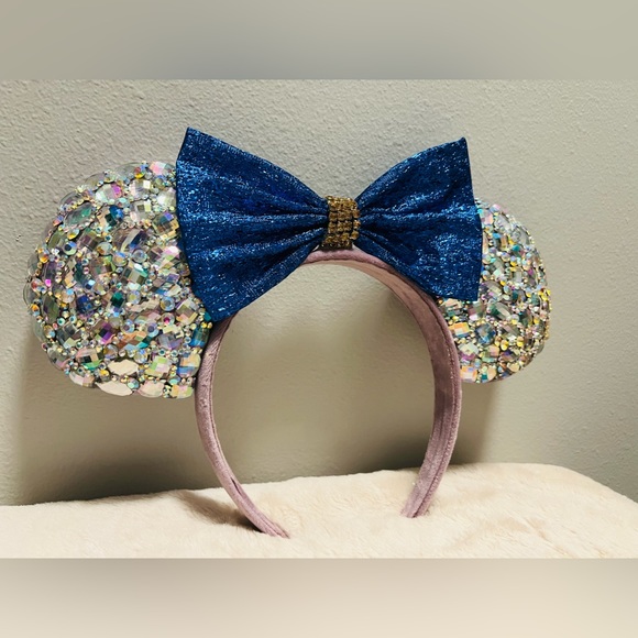 Disney Ears Rhinestones Blue Bow Handmade - Picture 1 of 5